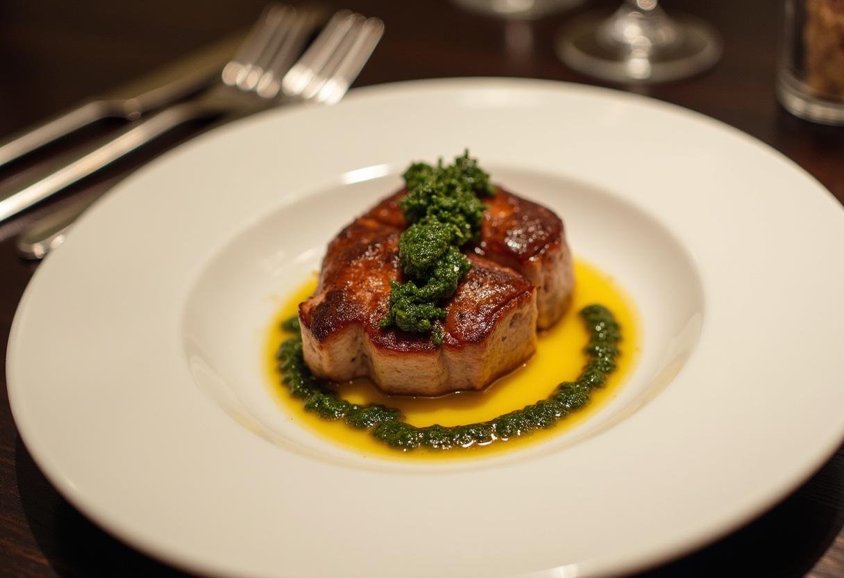 Finished babilla de ternera served elegantly on a plate with chimichurri sauce.
