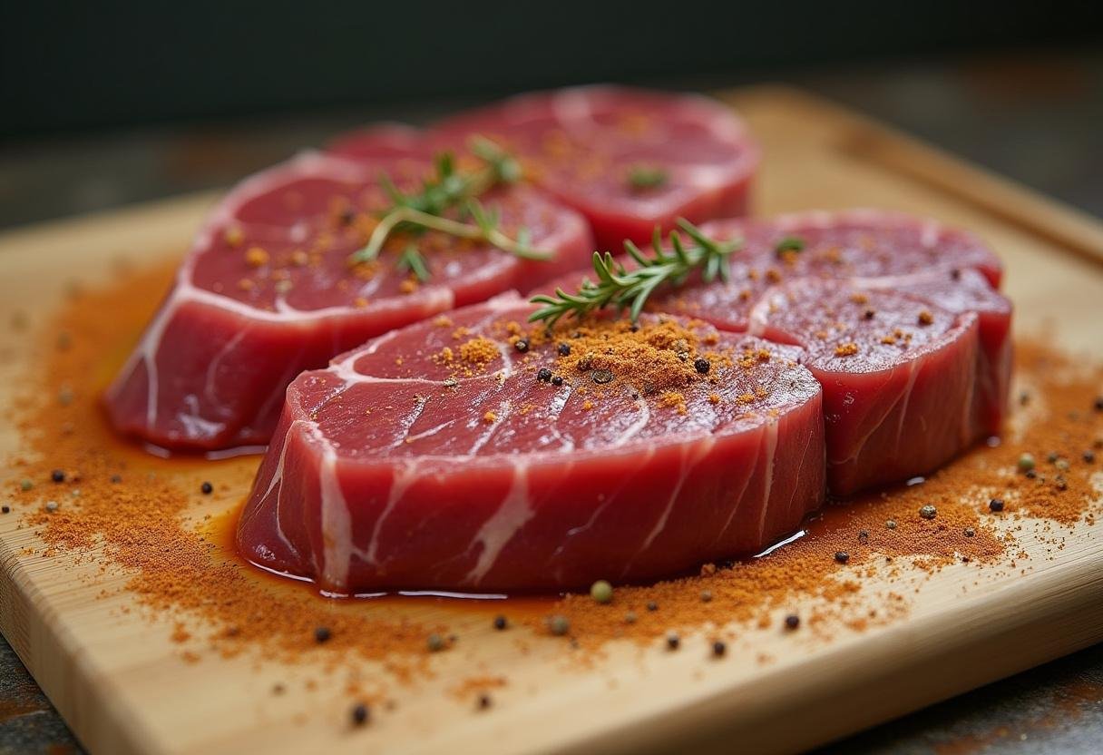 Marinated babilla de ternera on a cutting board, ready for grilling.