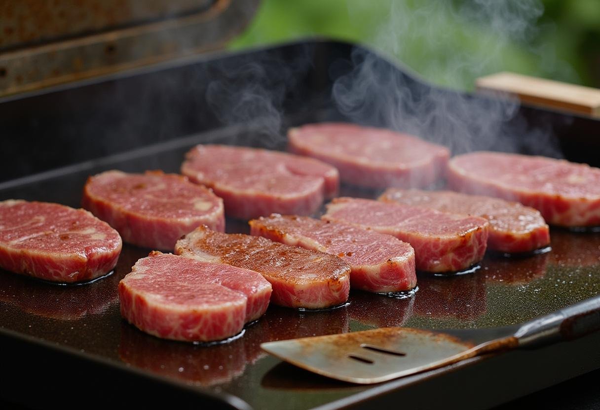 Sizzling babilla de ternera on a griddle, showcasing the cooking process.