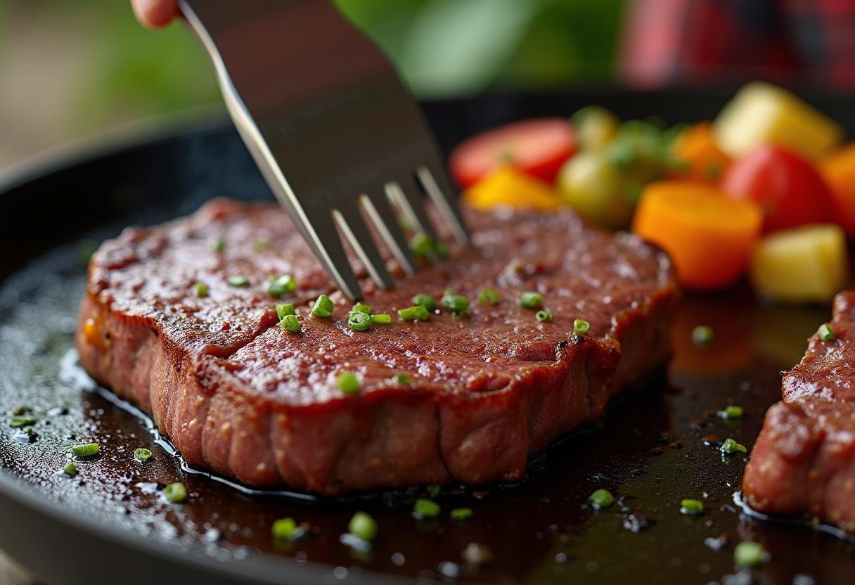Flipping babilla de ternera on the griddle, showing perfect sear marks.