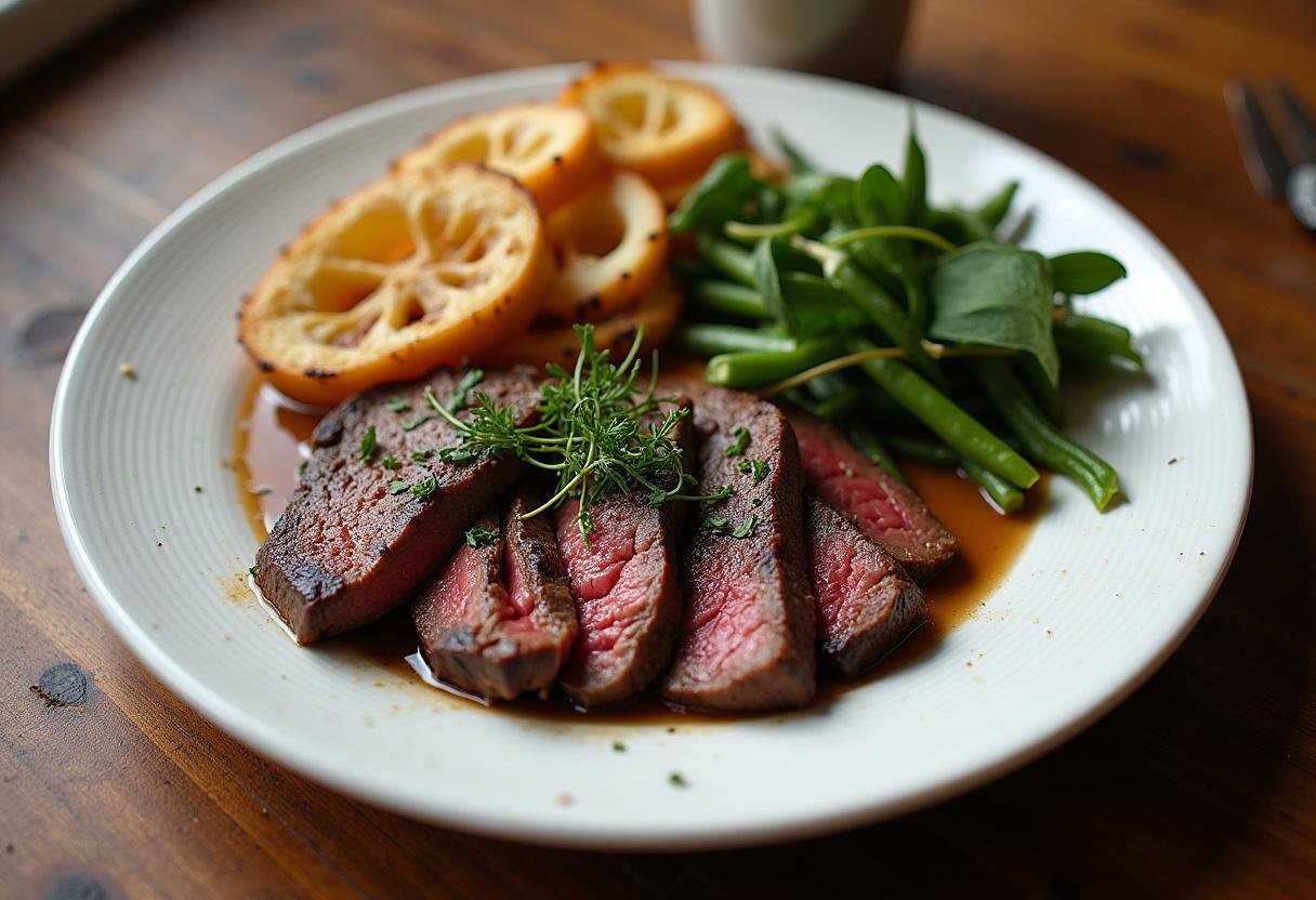 Plated babilla de ternera with herbs and grilled vegetables, ready to serve.