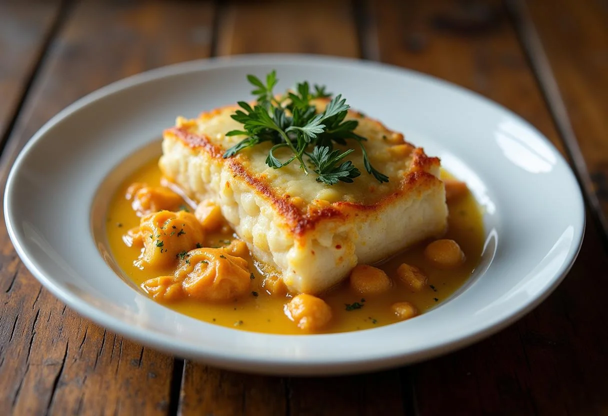 Delicious bacalao gratinado al horno, ready to be enjoyed at the dinner table.
