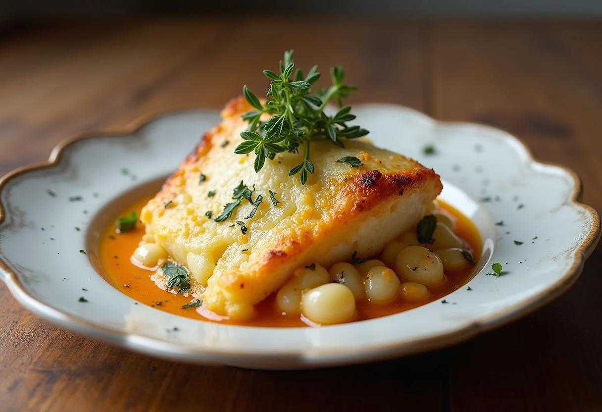 Delicioso bacalao gratinado al horno, listo para ser disfrutado en la mesa.