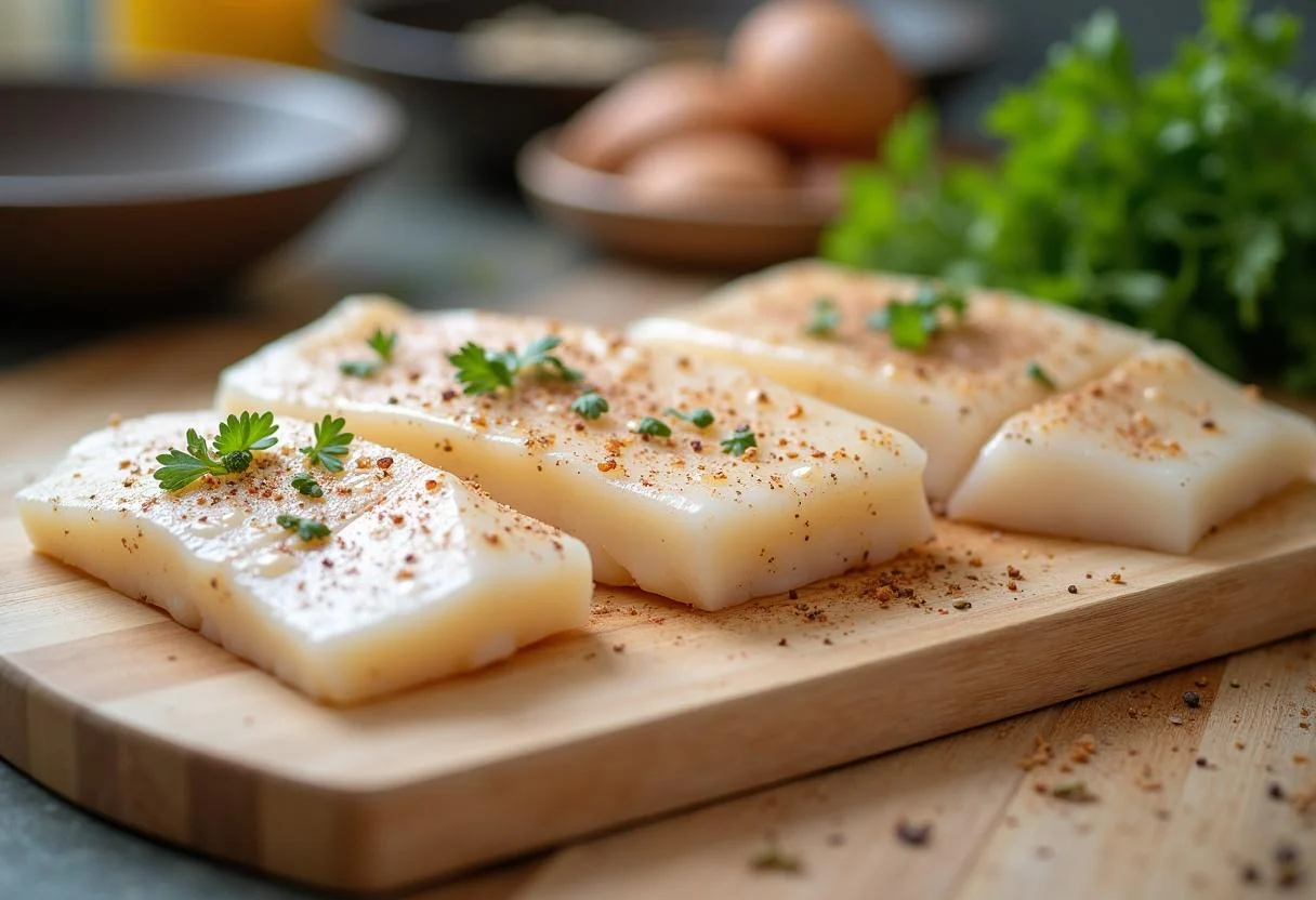 Filetes de bacalao al horno gratinado en una tabla de cortar, listos para hornear.
