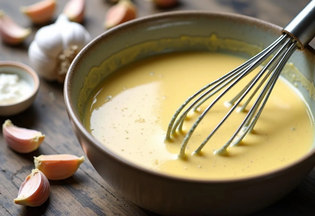 Alioli cremoso preparándose para el bacalao al alioli gratinado.
