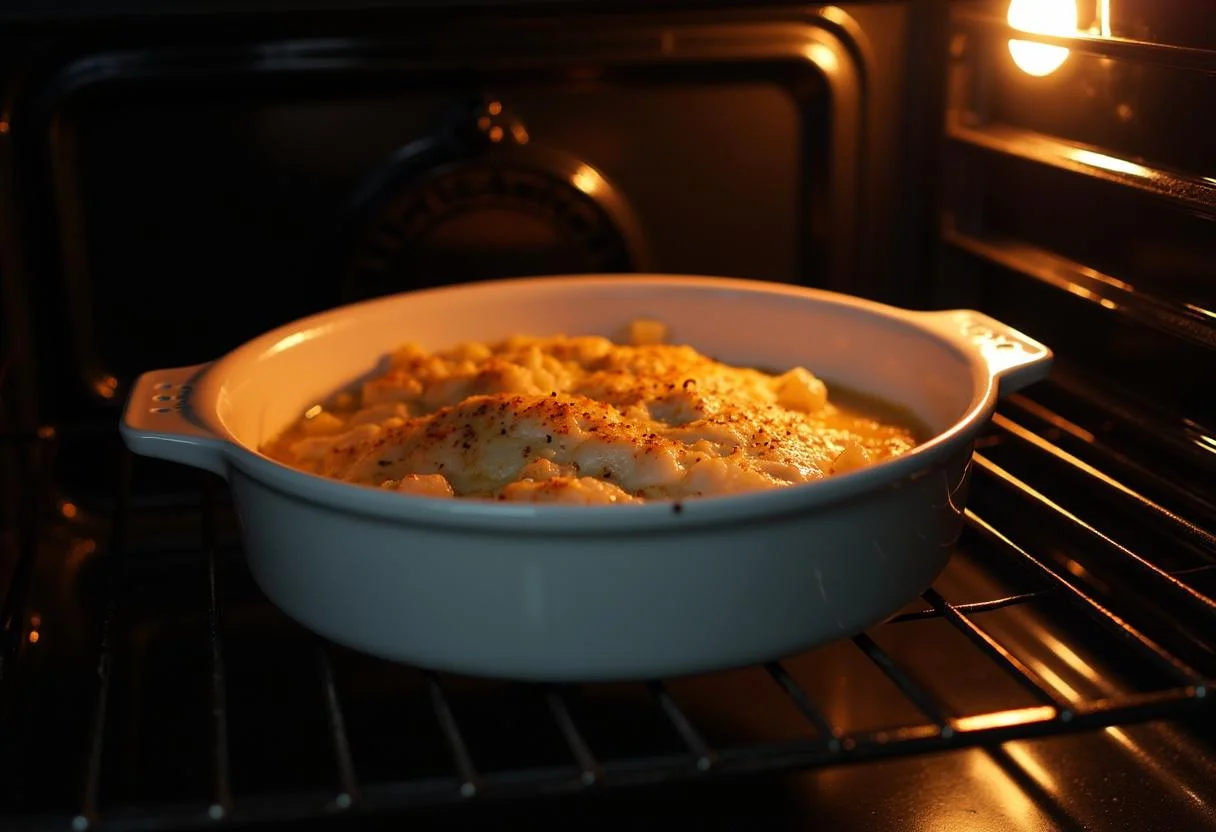 Fuente para hornear con bacalao gratinado introduciéndose en el horno para su cocción.