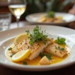 Elegant presentation of bacalao skrei with fresh herbs and lemon, ideal for a gourmet dinner.