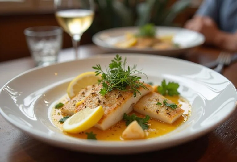 Elegant presentation of bacalao skrei with fresh herbs and lemon, ideal for a gourmet dinner.