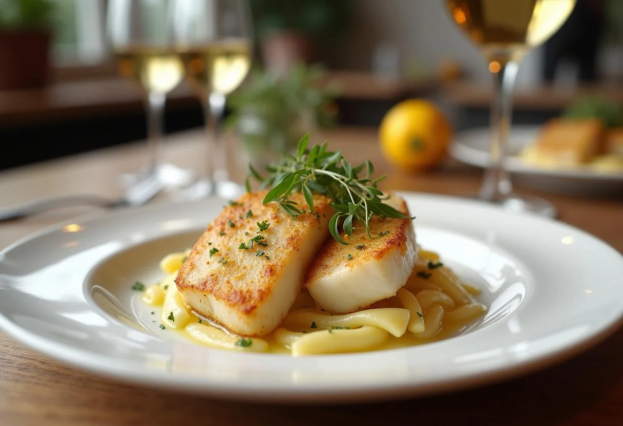 Presentación elegante de bacalao skrei con hierbas frescas y limón, ideal para una cena gourmet.