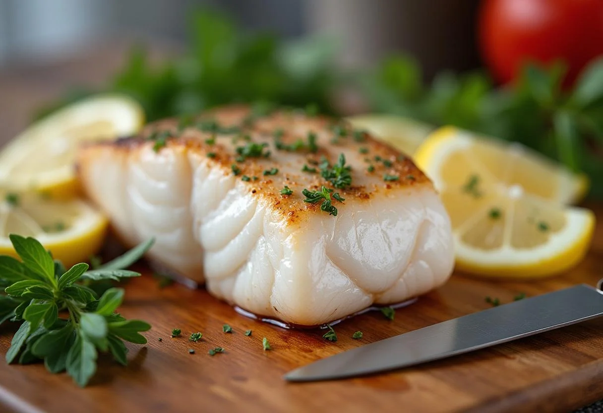 Trozo de bacalao skrei noruego en una tabla de cortar, listo para la preparación.