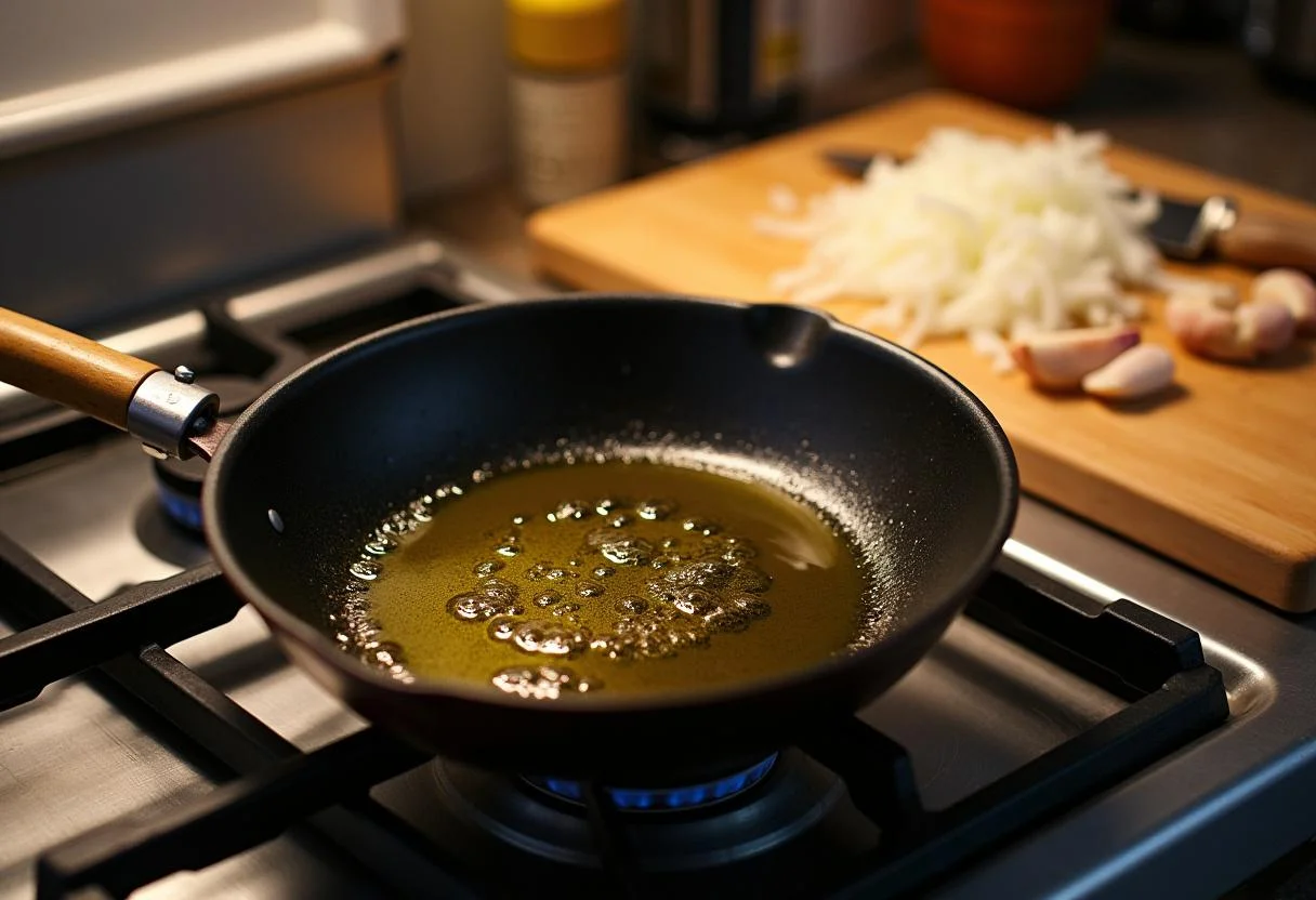 Ajo y cebolla picados junto a una sartén con aceite de oliva calentándose para el plato de bacalao skrei.