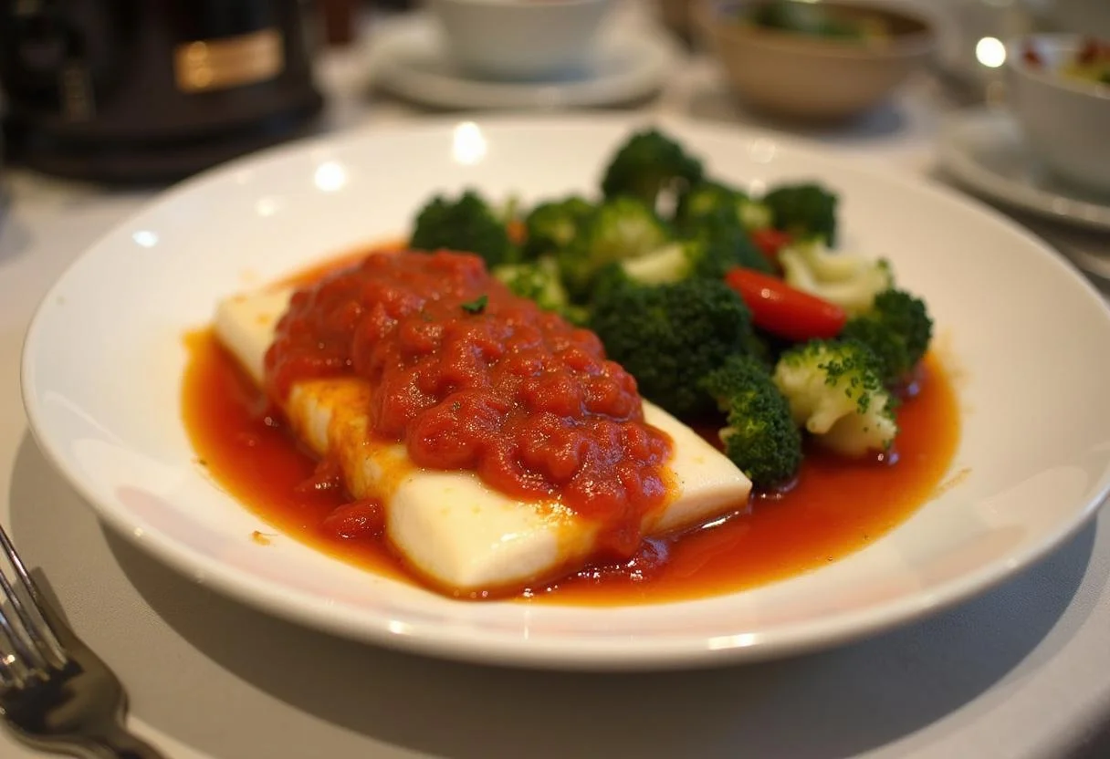 Bacalao skrei salteado servido con salsa de tomate y vegetales, perfecto para una comida deliciosa.