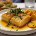 Finished bacalao a la dorada presented elegantly with fried plantains, a traditional dish ready for serving.