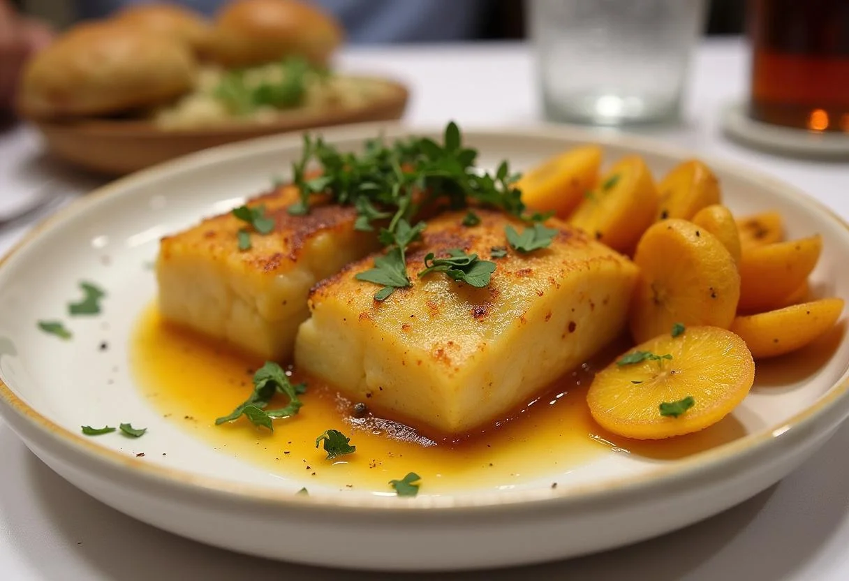 Finished bacalao a la dorada presented elegantly with fried plantains, a traditional dish ready for serving.