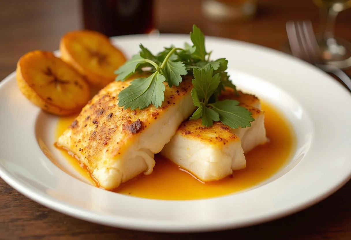 Presentación elegante de bacalao a la dorada con plátanos fritos, un plato tradicional listo para servir.