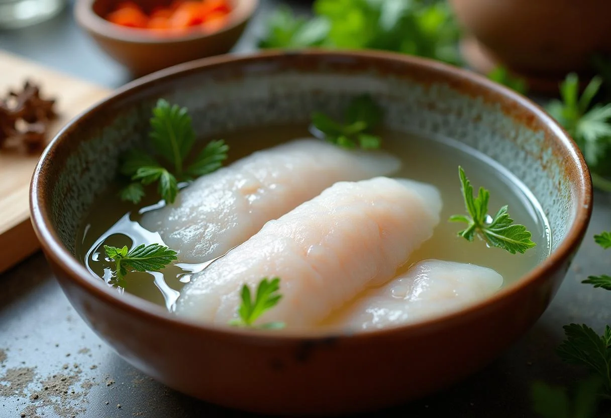 Bacalao a la dorada remojándose en agua, preparándose para la receta tradicional.