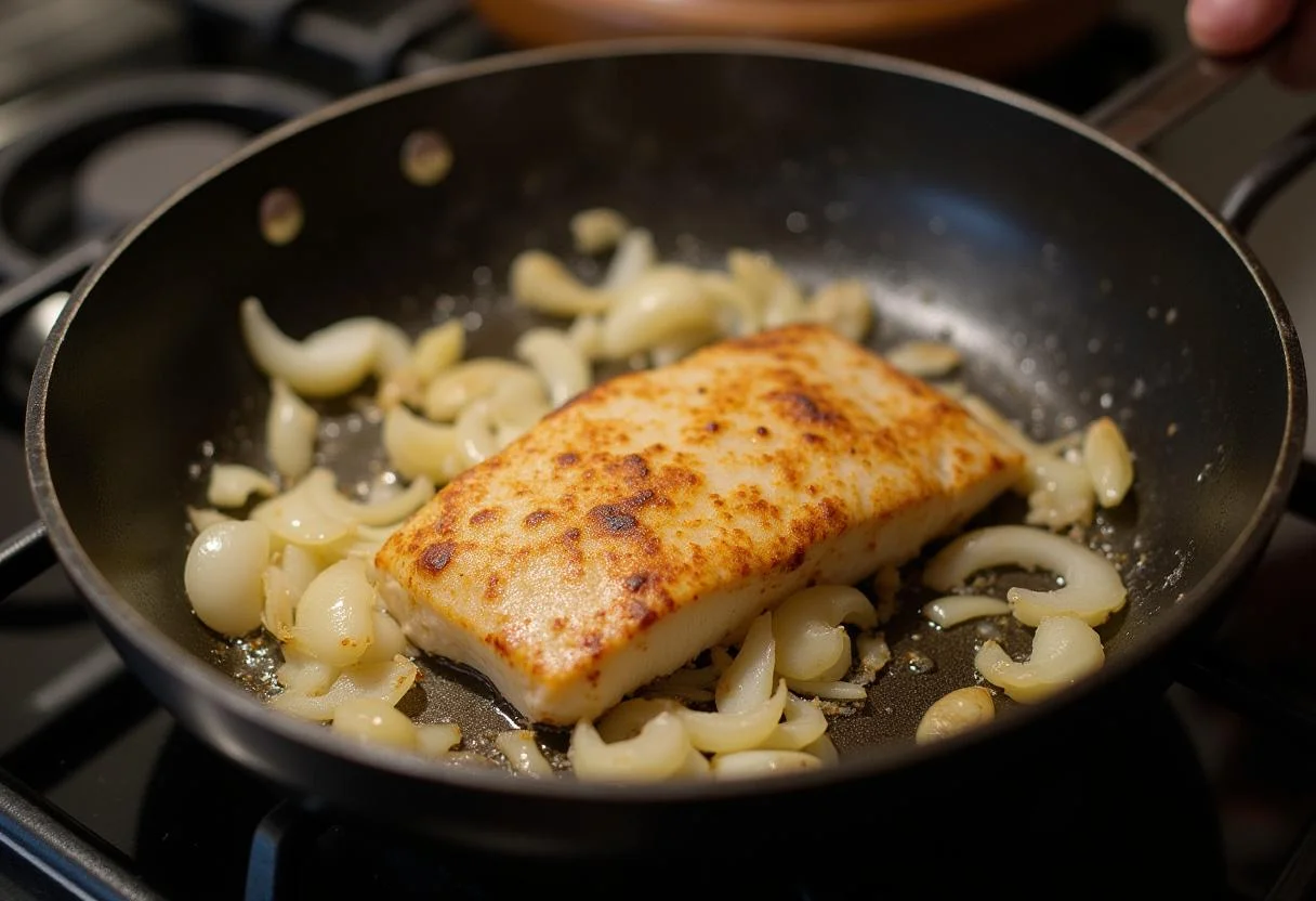 Cebollas y ajos salteados en una sartén para la preparación del plato de bacalao a la dorada.