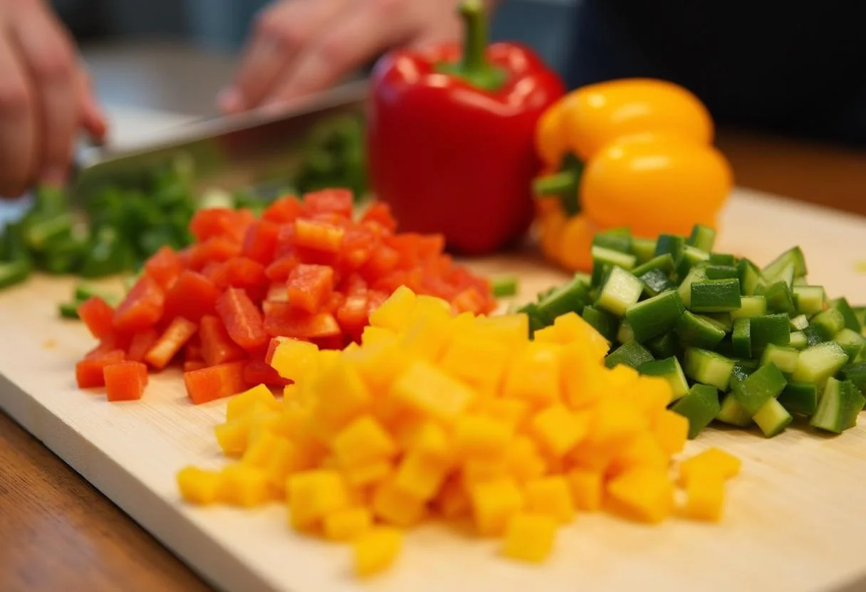Pimientos cortados preparados para agregar a la receta de bacalao a la dorada.