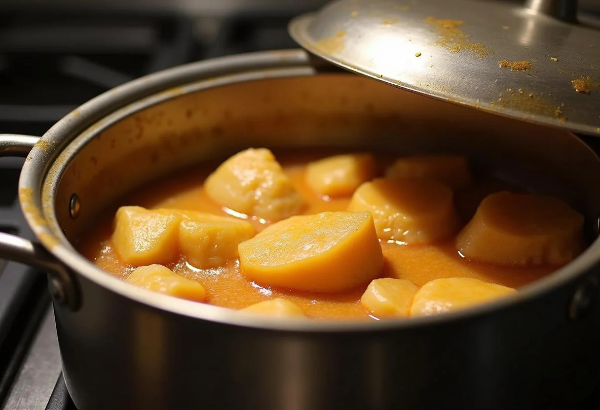 Bacalao a la dorada cocinándose a fuego lento en una olla, mostrando los sabores tradicionales cocinándose juntos.