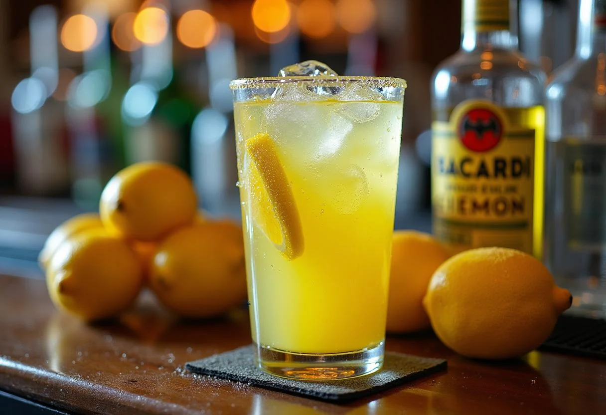 Refrescante cóctel de Bacardi Limón servido de manera visualmente atractiva con rodaja de limón en un ambiente festivo de bar.