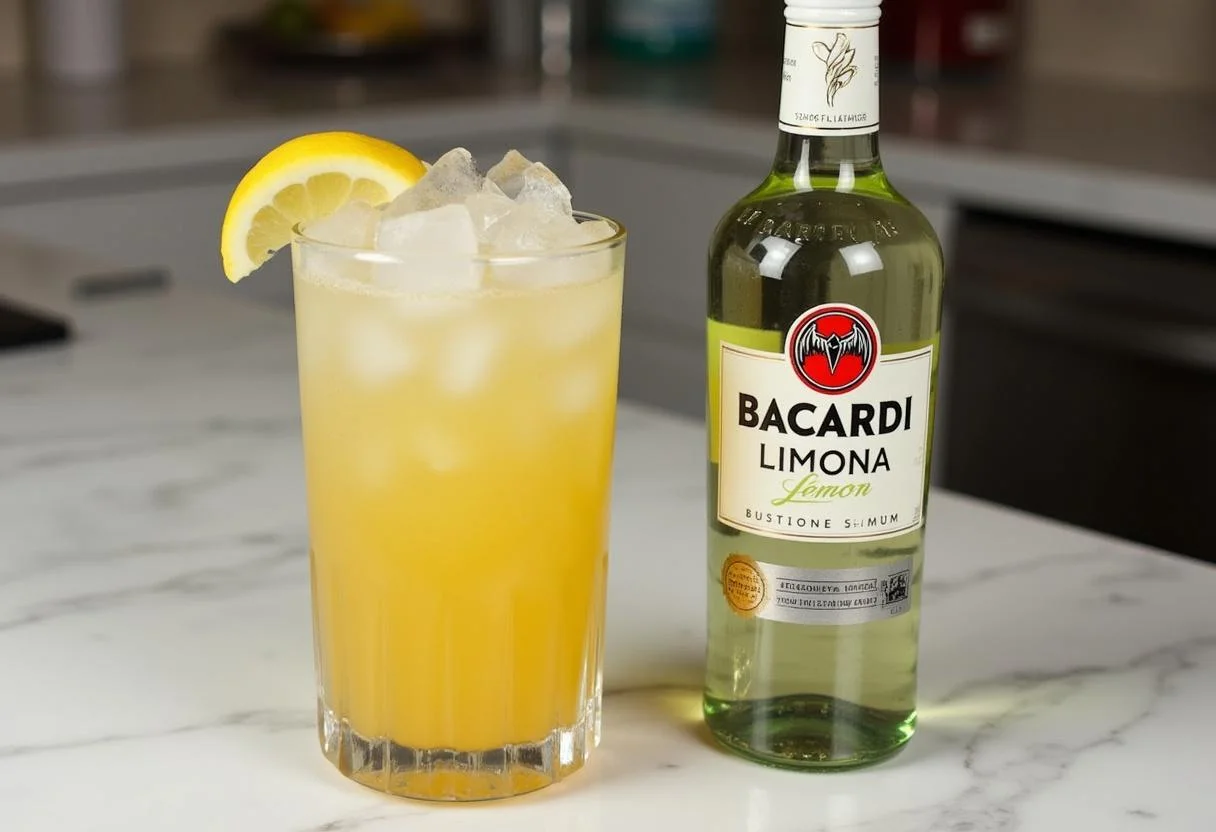 Ingredientes para el cóctel de Bacardi Limón en una coctelera, mostrando el ron Bacardi Limón y limones frescos.