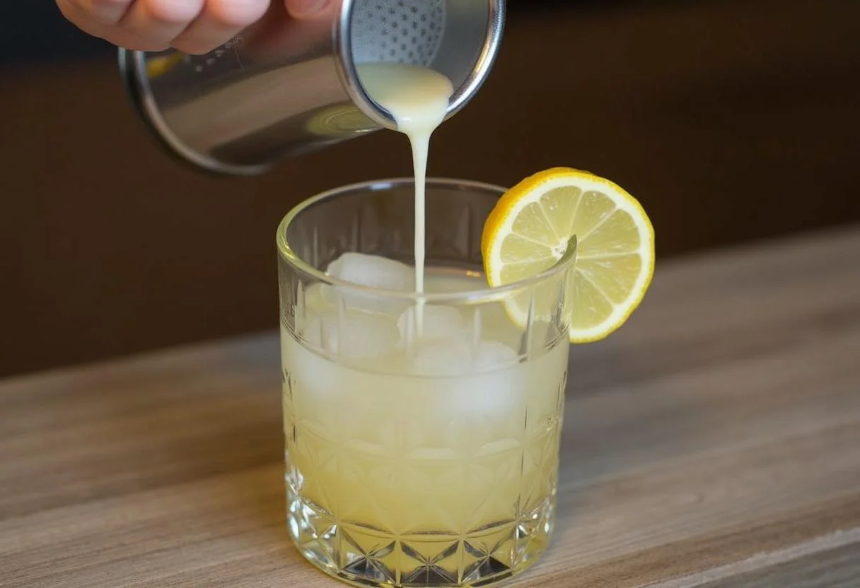 Viertiendo el cóctel de Bacardi Limón en un vaso con hielo, bellamente adornado con limón.