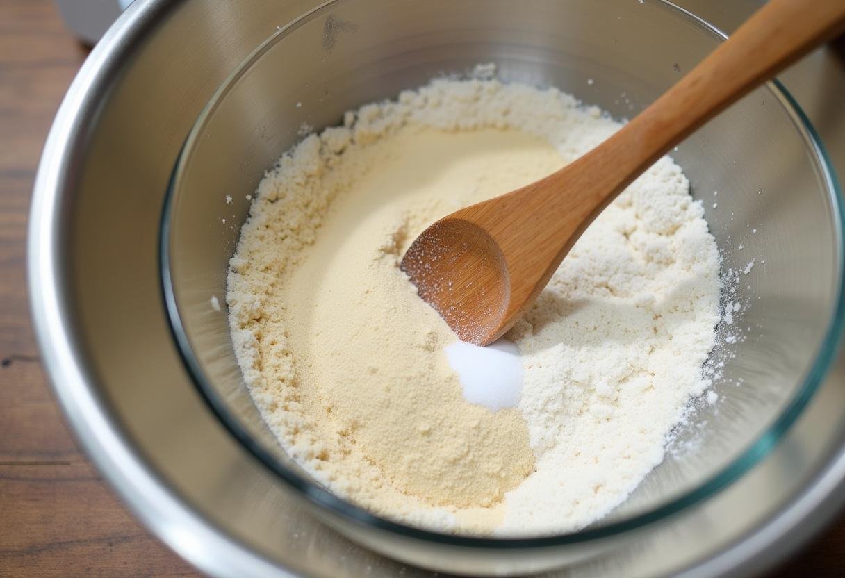 Ingredientes secos para barra de pan casera mezclados en un tazón de mezcla.