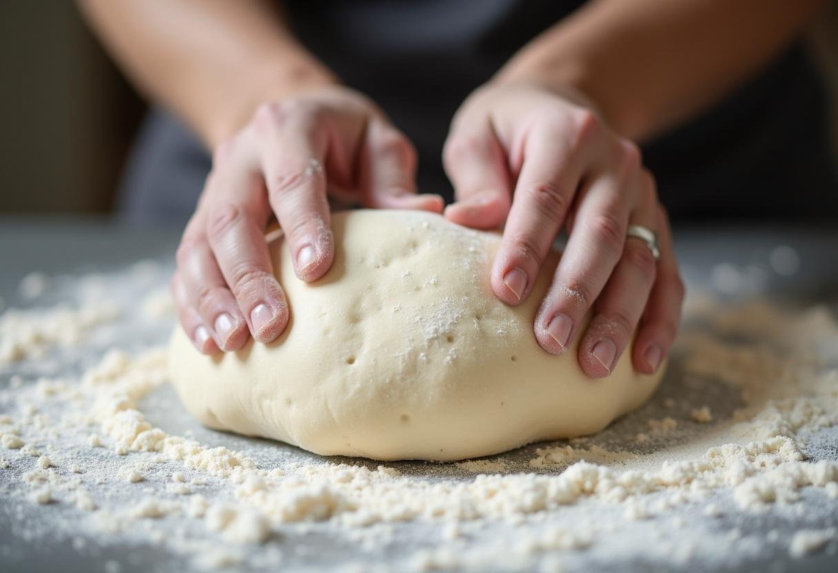 Amasar la masa para barra de pan casera con las manos en una superficie enharinada.