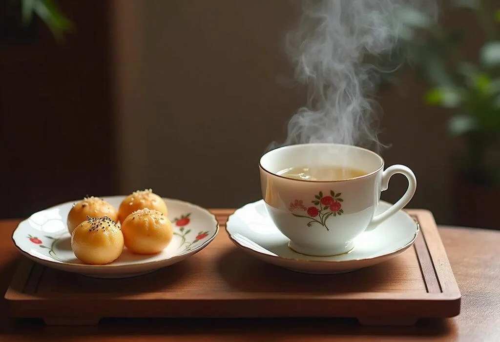Taza de Beijing Te Chino con hojas de té flotantes y dulces tradicionales, ideal para disfrutar.