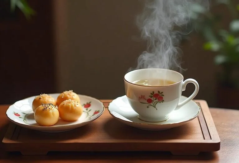 Taza de Beijing Te Chino con hojas de té flotantes y dulces tradicionales, ideal para disfrutar.