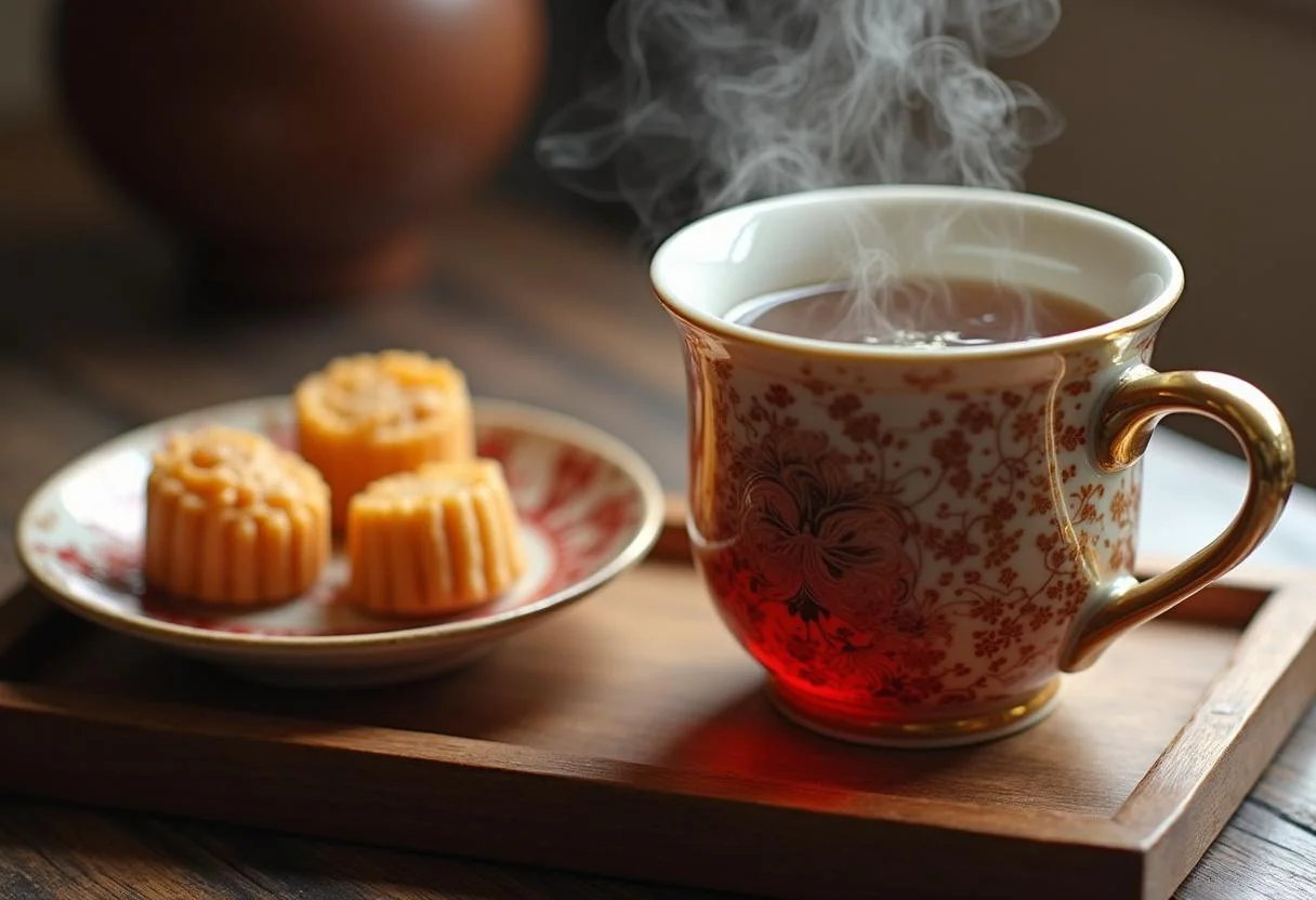 Taza de Beijing Te Chino con hojas de té flotantes y dulces tradicionales, ideal para disfrutar.