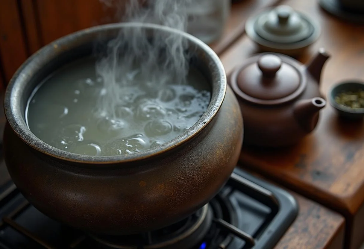 Preparando Beijing Te Chino con té en una olla sobre la estufa.