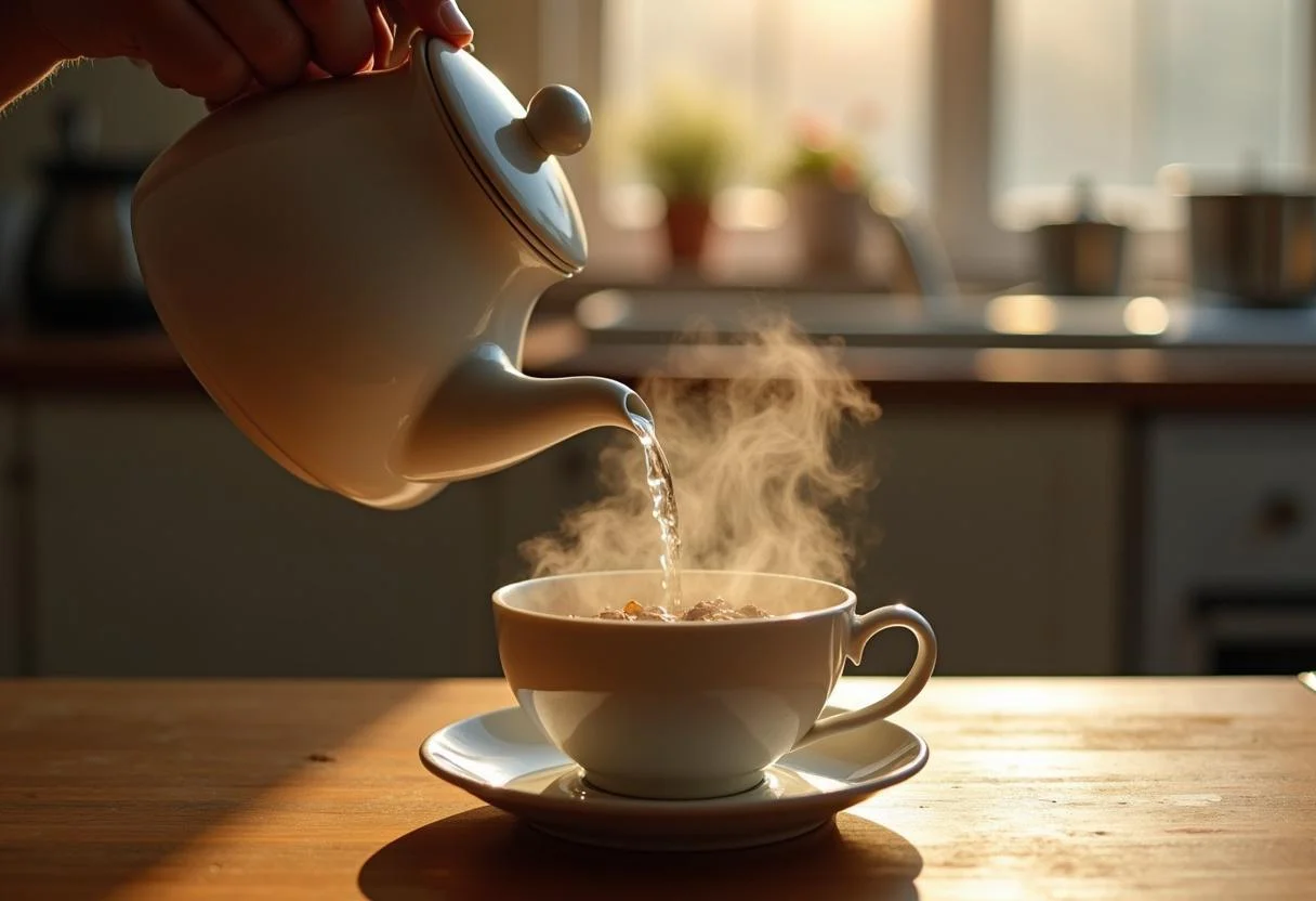 Vertiendo agua caliente sobre las hojas de té para hacer Beijing Te Chino.