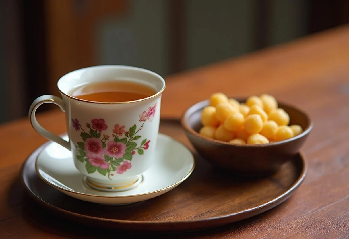 Mesa con una taza de Beijing Te Chino y aperitivos listos para disfrutar.