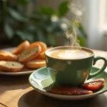 Mesa de café con una taza de café verde humeante y bocadillos saludables, perfecta para disfrutar.