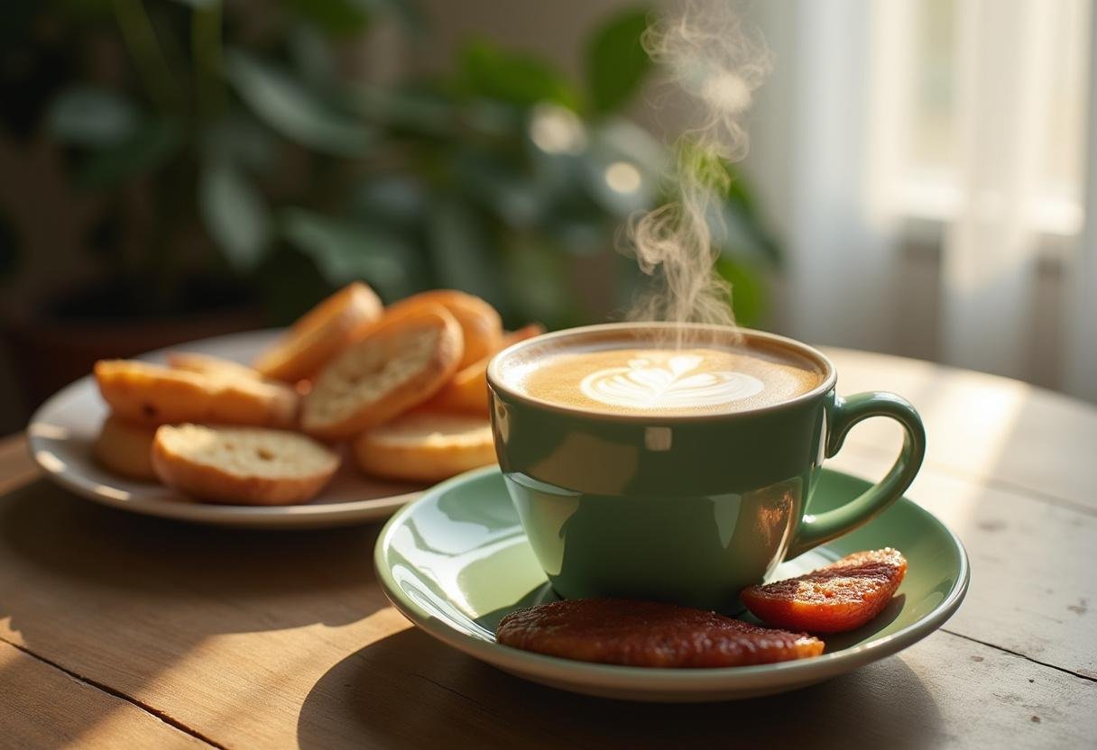 Mesa de café con una taza de café verde humeante y bocadillos saludables, perfecta para disfrutar.