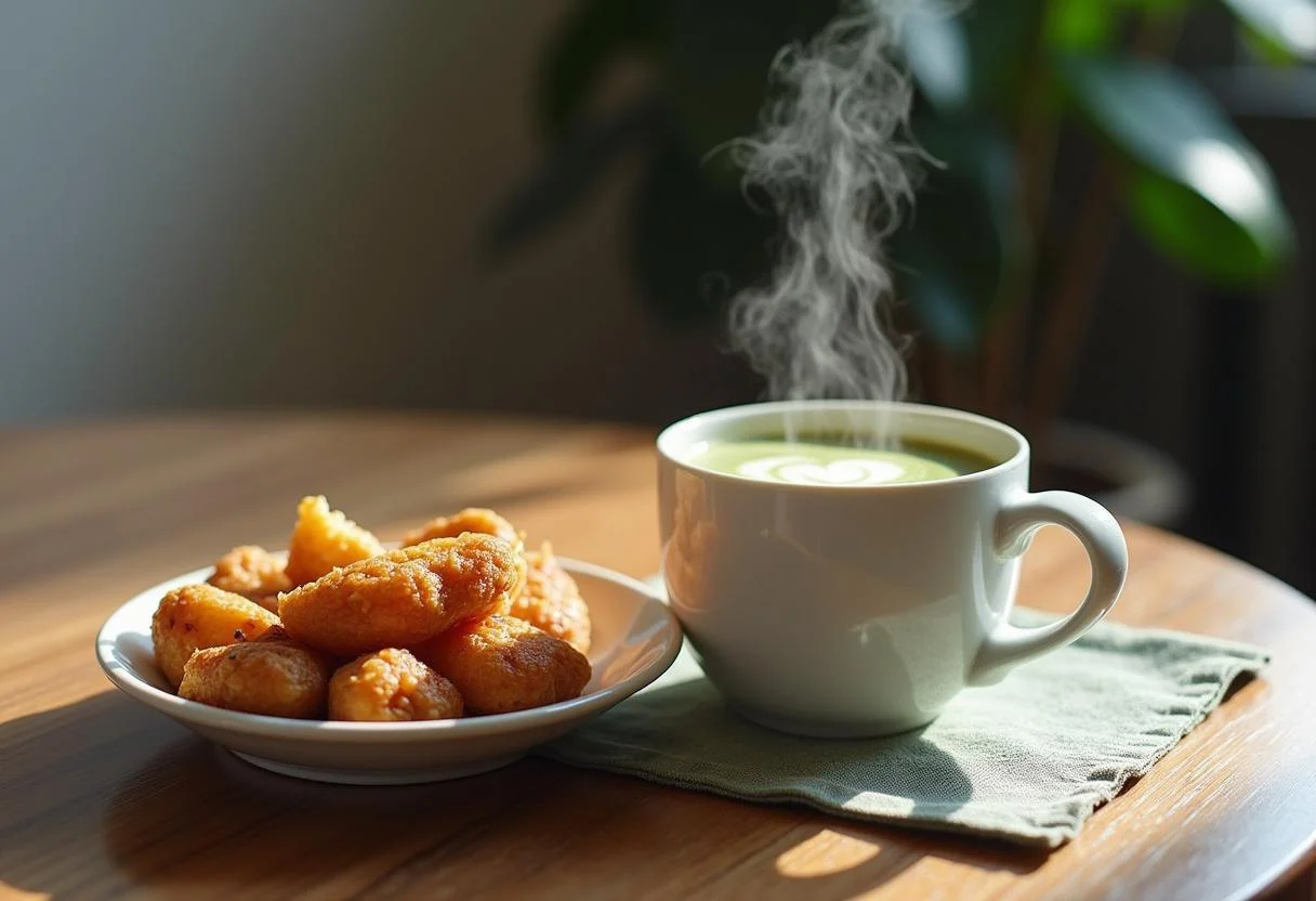 Mesa de café con una taza de café verde humeante y bocadillos saludables, perfecta para disfrutar.