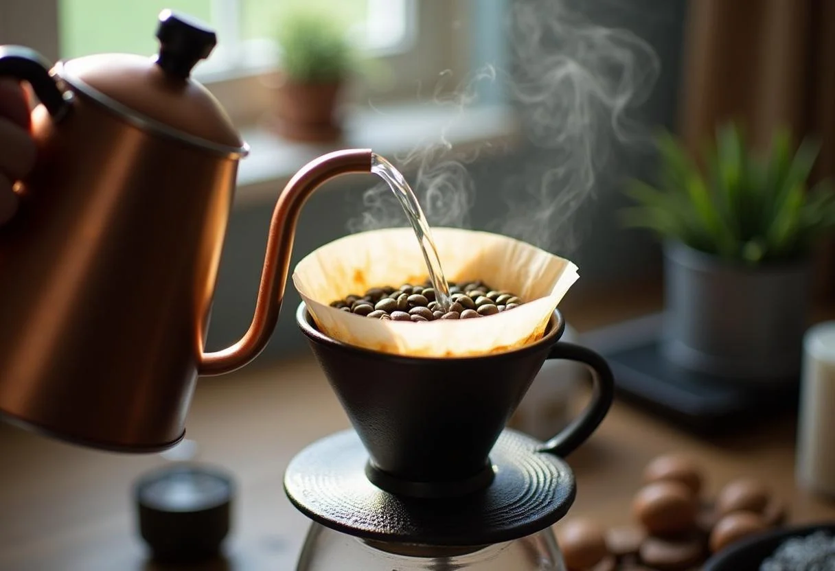 Agua caliente vertiendo sobre café verde en un filtro para preparar una deliciosa infusión.