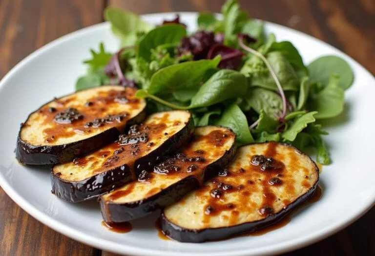 Plato de berenjena blanca asada con glaseado balsámico y ensalada fresca.