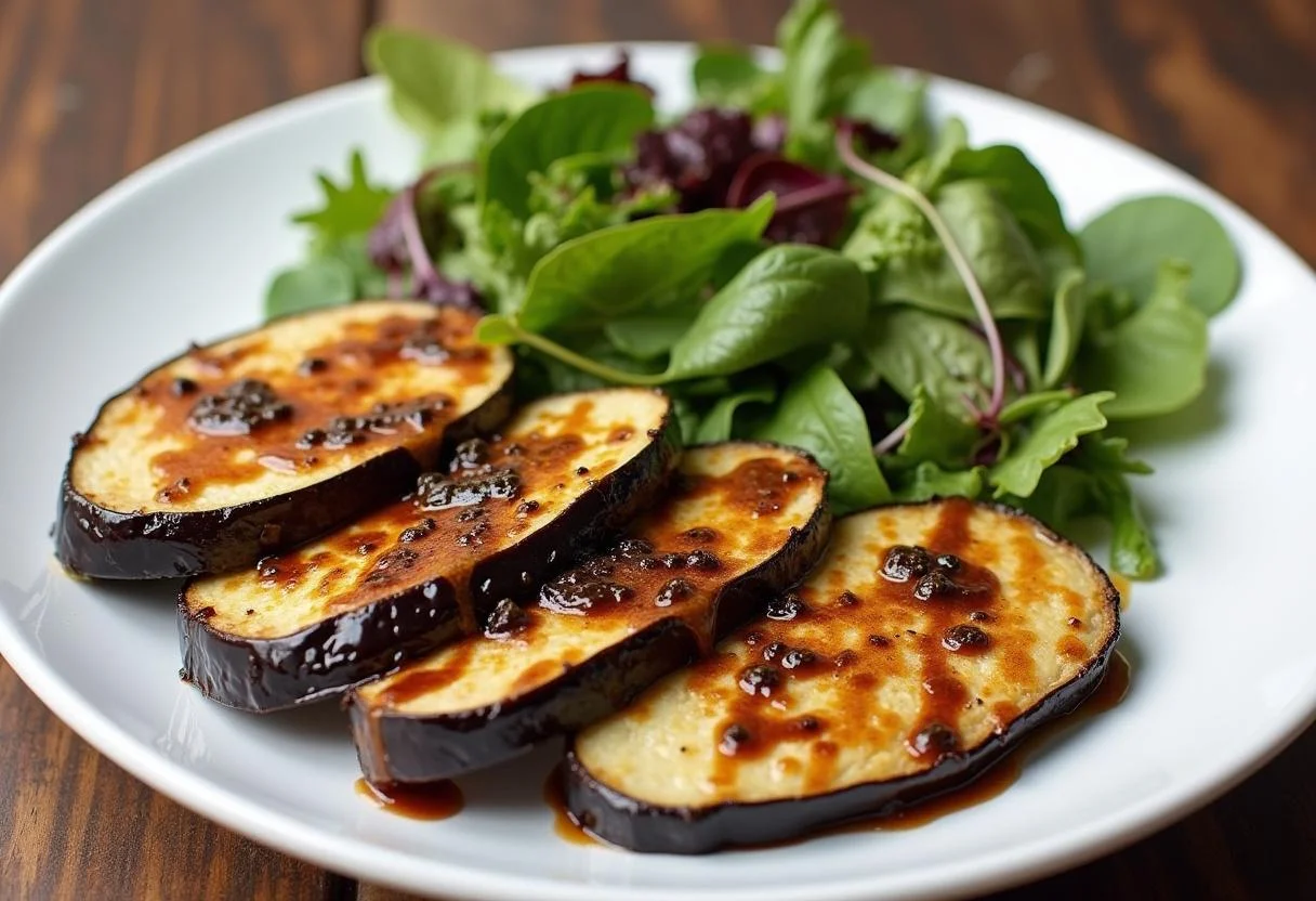 Plato de berenjena blanca asada con glaseado balsámico y ensalada fresca.