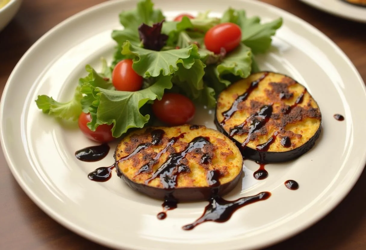 Plato de berenjena blanca asada con glaseado balsámico y ensalada fresca.