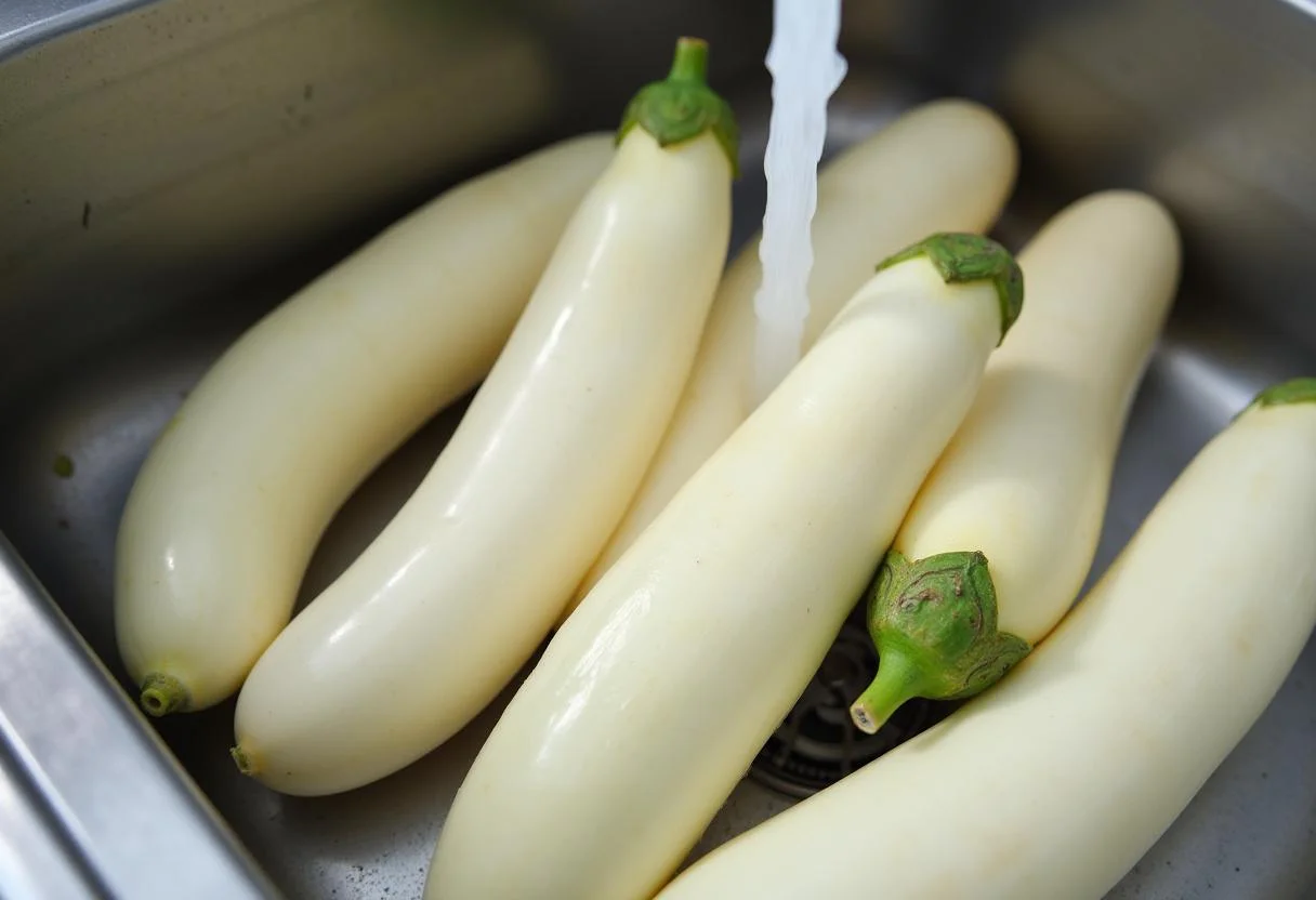 Berenjena blanca fresca siendo lavada para asar en una cocina.
