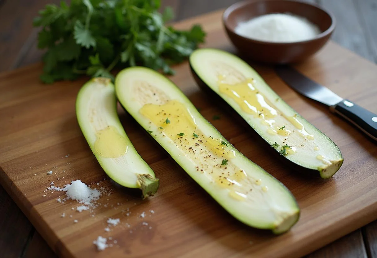 Berenjena blanca cortada por la mitad, lista para asar con aceite de oliva y sal.