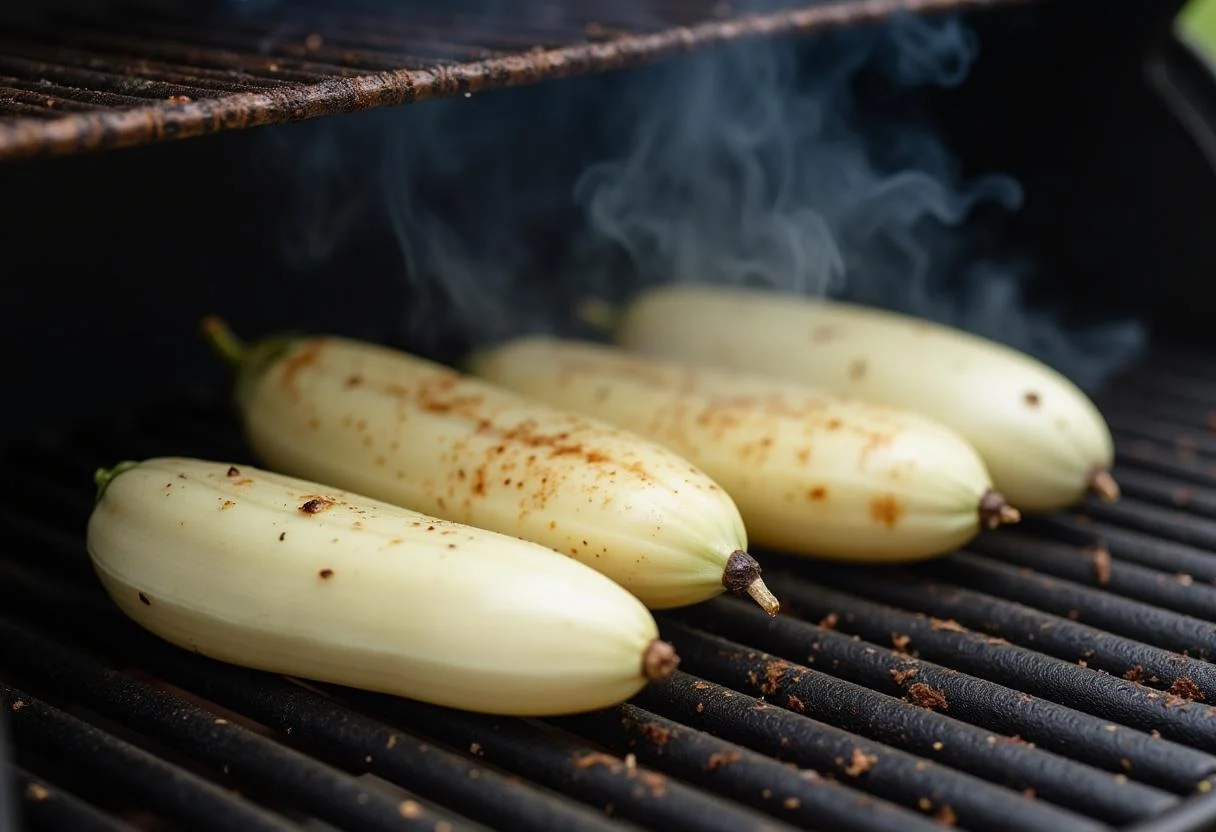 Berenjena blanca asándose en una parrilla, mostrando marcas de la parrilla y humo.