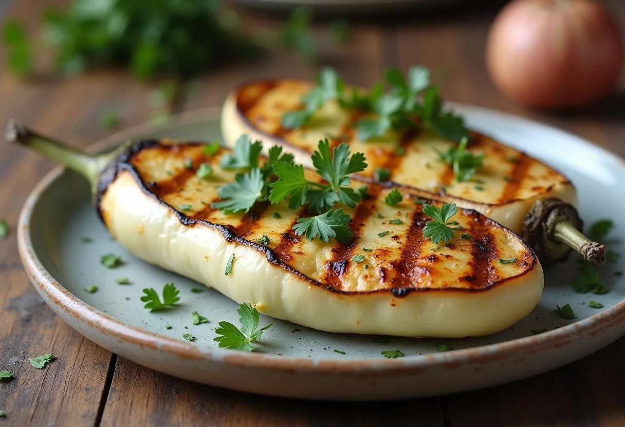 Berenjena blanca asada con perejil y ajo, lista para servir en la mesa.