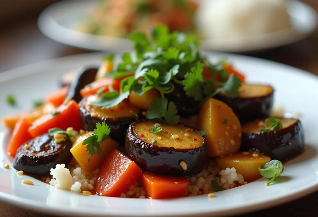 Delicious stir-fried berenjena china served with rice, a perfect meal presentation.