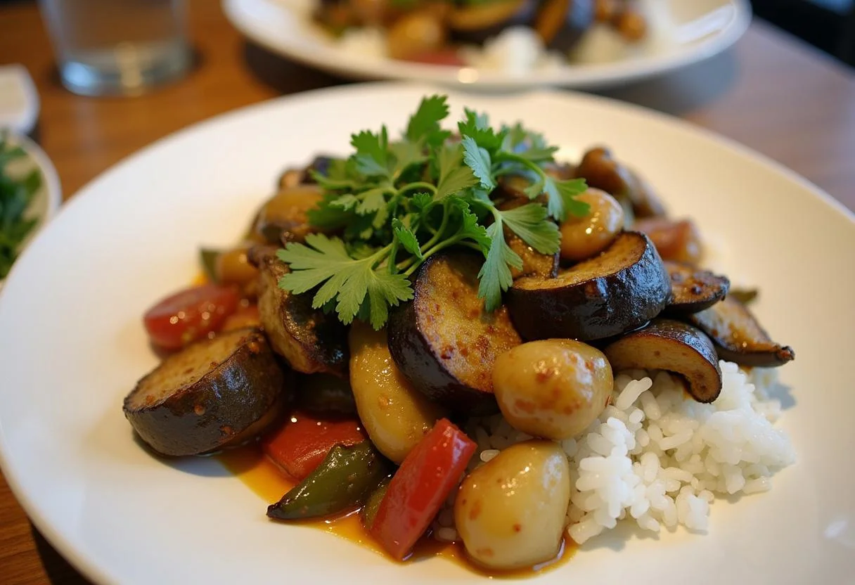 Delicious stir-fried berenjena china served with rice, a perfect meal presentation.