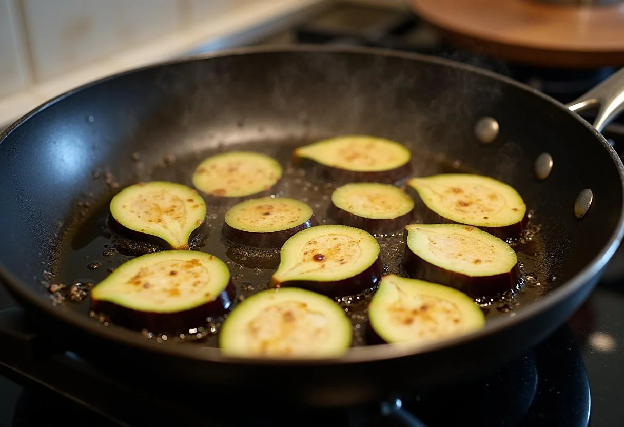 Sliced berenjena china cooking in a skillet for a delicious stir-fry.