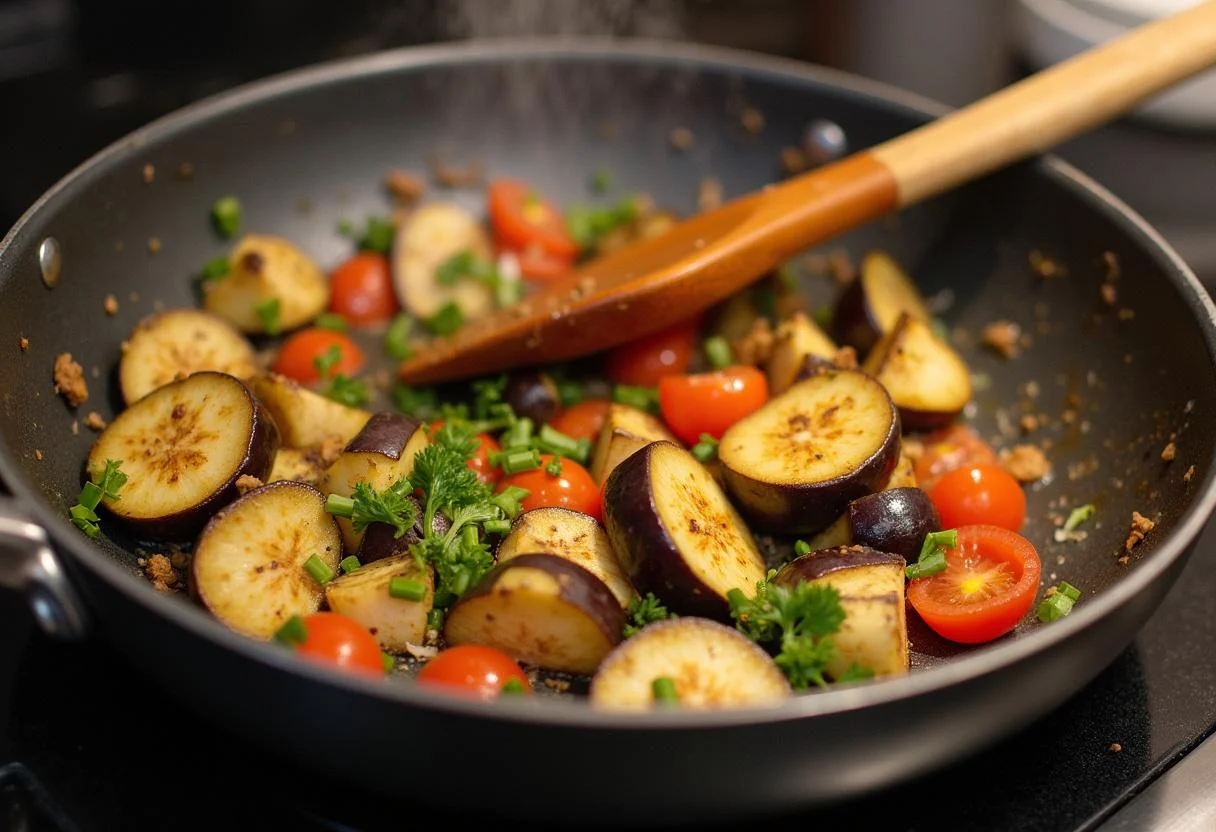 Stir-frying berenjena china and vegetables in a skillet for a delicious meal.