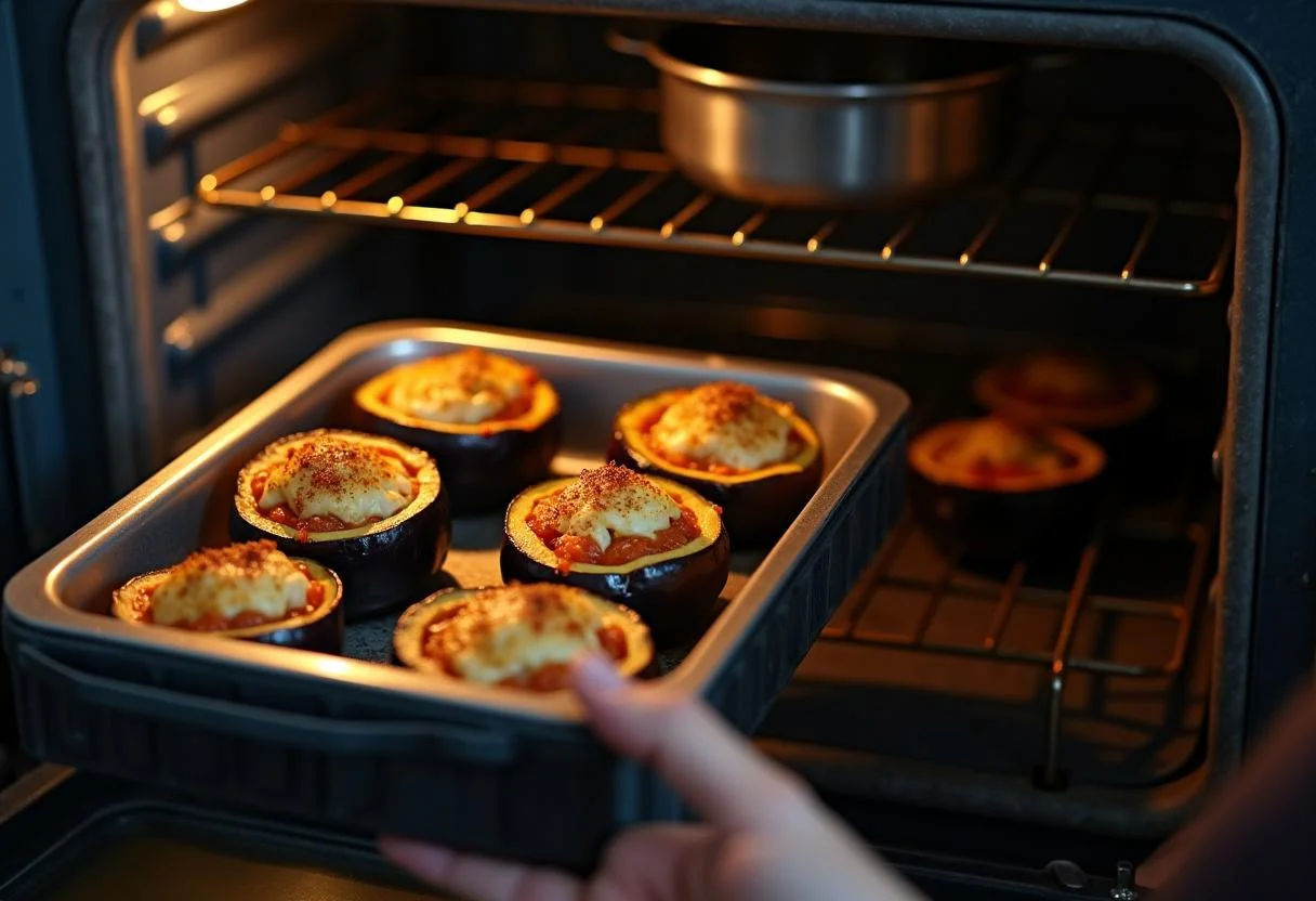 Berenjenas rellenas colocadas en el horno para hornear en la preparación de berenjenas rellenas thermomix.